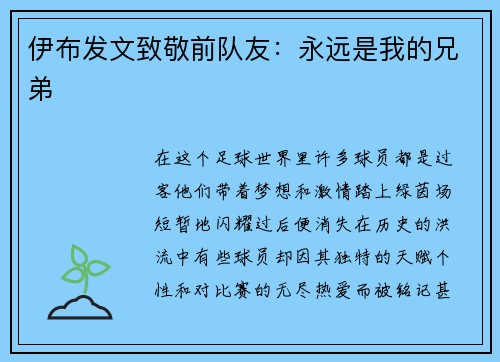 伊布发文致敬前队友：永远是我的兄弟