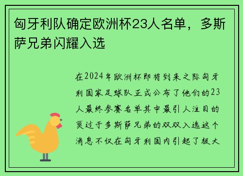匈牙利队确定欧洲杯23人名单，多斯萨兄弟闪耀入选